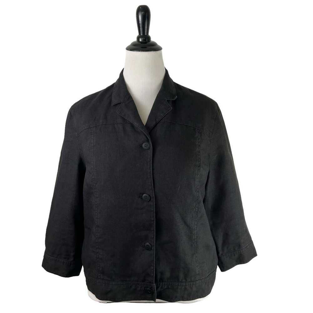 TALBOTS Irish Linen Black Button JACKET Blazer 14 VTG 3/4 SL Minimalist Office